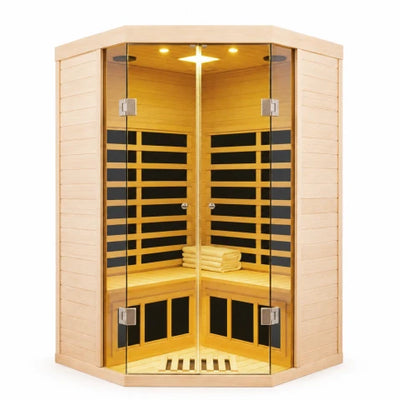 2 Person Infrared Sauna Built for Home Relaxation, Corner Design, Hemlock Wood, 7 Heating Panels