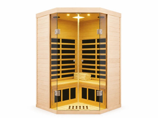 2 Person Infrared Sauna Built for Home Relaxation, Corner Design, Hemlock Wood, 7 Heating Panels