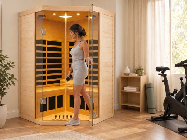2 Person Infrared Sauna Built for Home Relaxation, Corner Design, Hemlock Wood, 7 Heating Panels